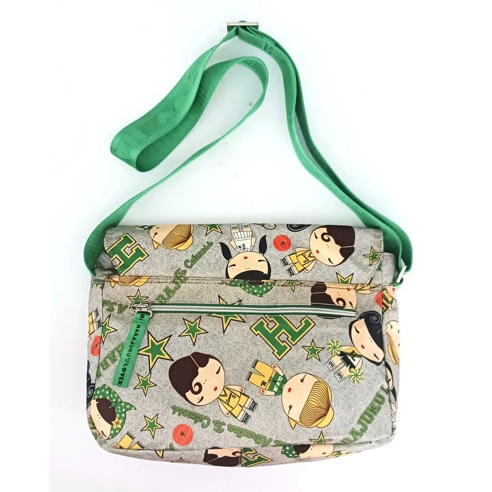 Harajuku Lovers Nylon Messenger Bag Gray / Green AOP Bag Charm 11X4X8